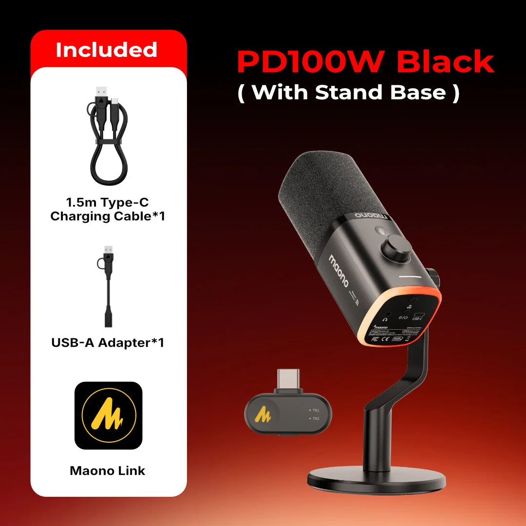 MAONO PD100W USB Wireless Dynamic Microphone Cardioid Mic 50m Range One-Touch Noise Reduction RGB for PC Gaming Live Streaming