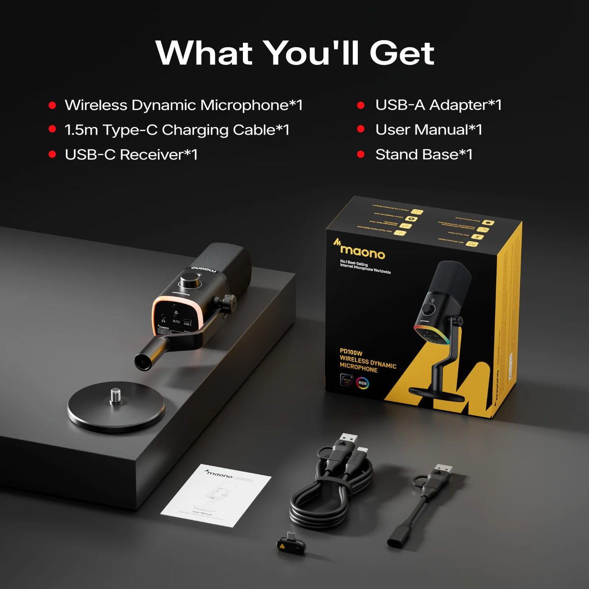 MAONO PD100W Wireless USB Dynamic Microphone Cardioid Microphone with One-Touch Mute Noise Reduction Custom RGB Light Real-Time Monitoring Microphone for PC Gaming Live Streaming Creator Podcast