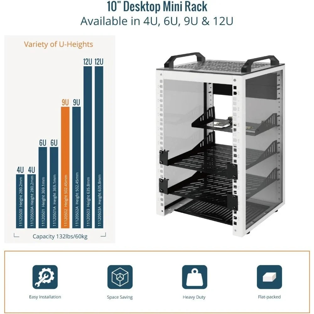 Popular Daily UseNew Upgrade Premium 10 Inch Deep 9U Network Server Rack with Translucent Side Panels and Top Handles for IT AV