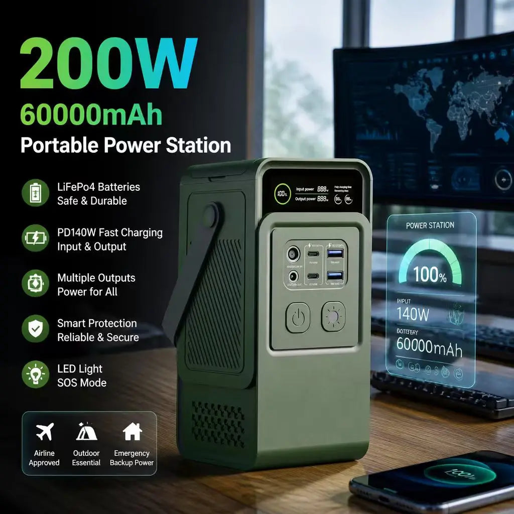 Upgrade Portable Power Station 200W 60000mAh LiFePo4 Battery Emergency Home Backup for Outdoor Camping Pure Sine Wave Power Bank