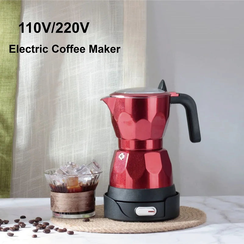 110V/220V Electric Coffee Maker Portable 150ml 3 Cups Aluminum Mocha Pot Electric Italian Coffee Maker Percolator for Home Red