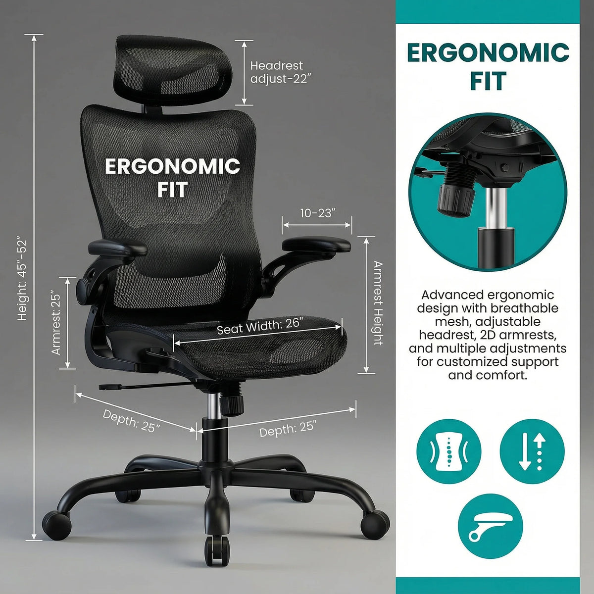 Ergonomic Mesh Office Chair with Adjustable Lumbar Support | 3D Flip-Up Armrests, 2D Headrest, Breathable Mesh Back, Reclining Function, Smooth-Rolling Casters, Height Adjustment