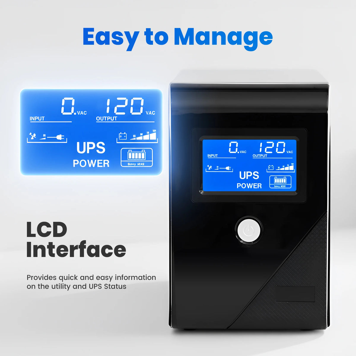 1000VA 120V Backup UPS Power Supply 600W Battery Backup Power 3 Outlets LCD Display for Home and Office