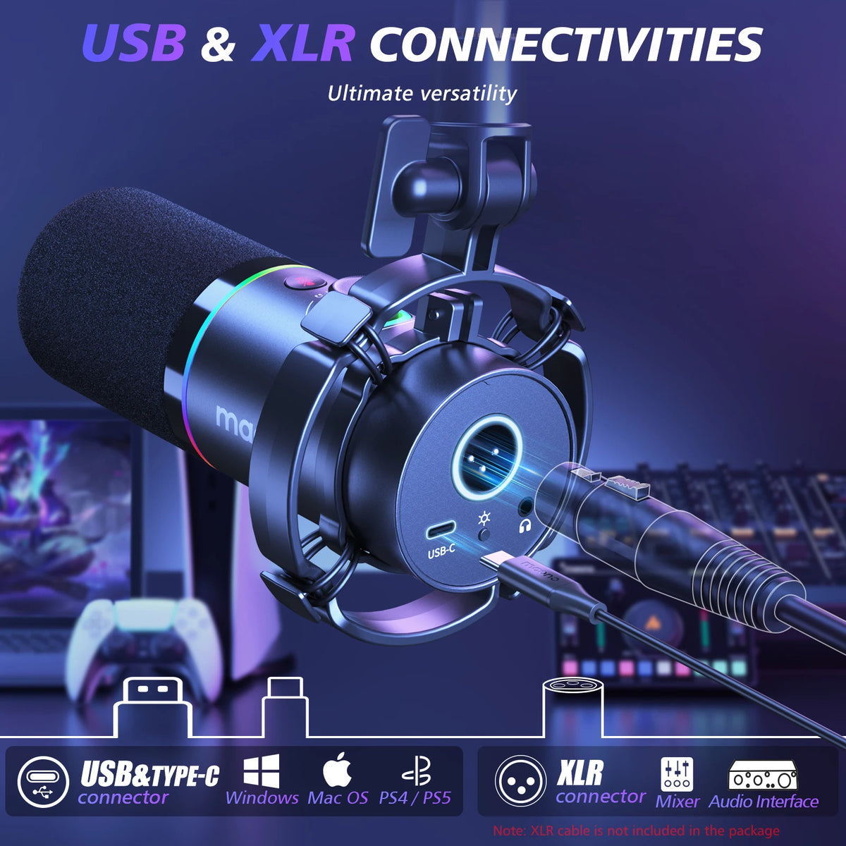 MAONO PD200XS USB/XLR Dynamic Microphone with Shock Mount Boom Arm Stand Maonolink Gain Knob RGB Light for PC Gaming Recording