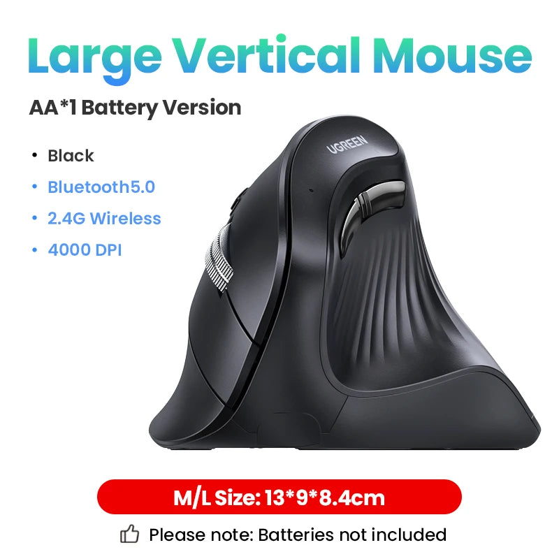 UGREEN MU008 Vertical Mouse Wireless Bluetooth5.0 2.4G Ergonomic 4000DPI 6 Mute Buttons MacBook Tablet Laptops Computer PC Mice