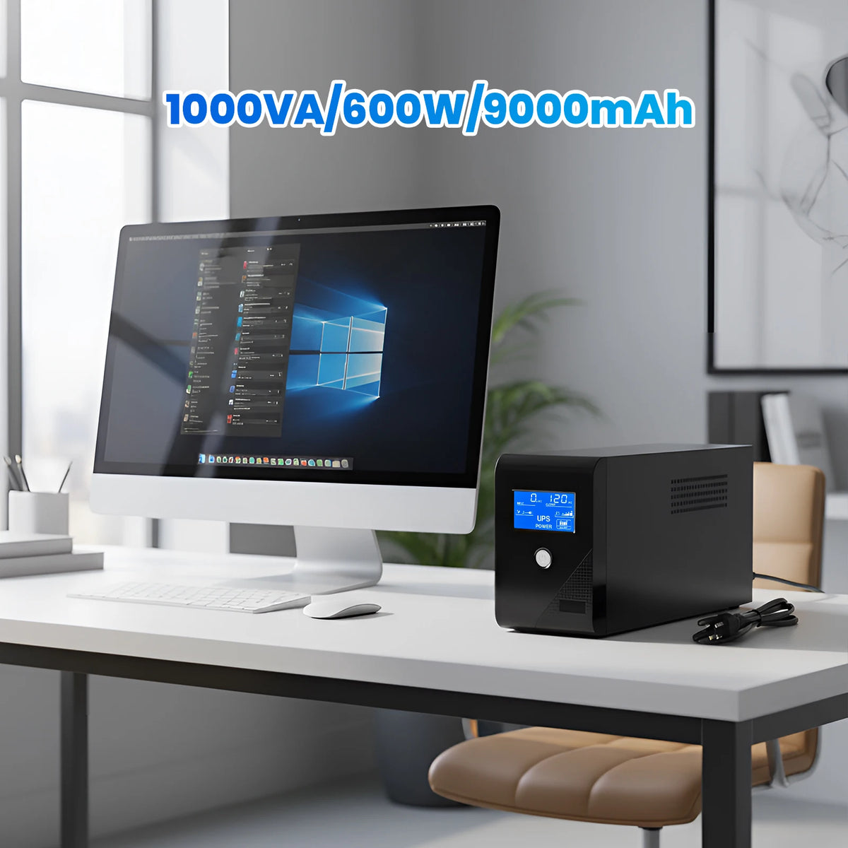 1000VA 120V Backup UPS Power Supply 600W Battery Backup Power 3 Outlets LCD Display for Home and Office