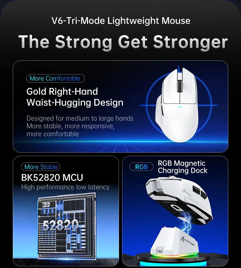 Attack Shark V6 Wireless Mouse Tri-mode Magnetic Charging Base Ergonomic Design Gaming Mouse RGB Office Mice Pc Gamer Gifts Man