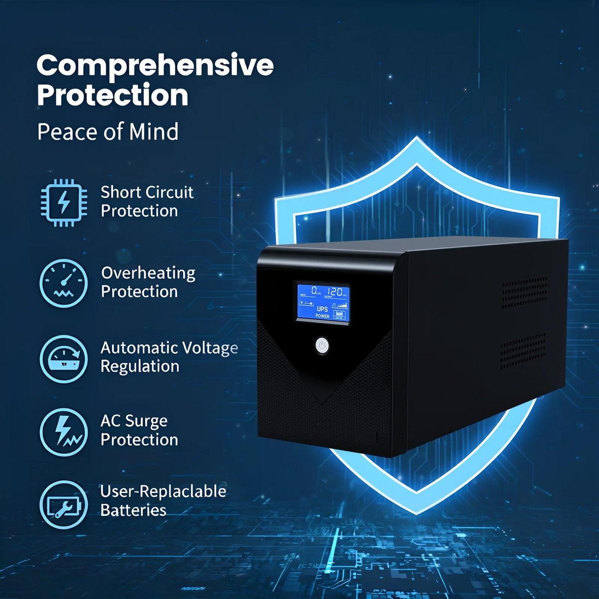 1200VA 720W Backup UPS Power 1Supply Battery Backup Power 120V with 4 Outlets and LCD Display  for Home and Office