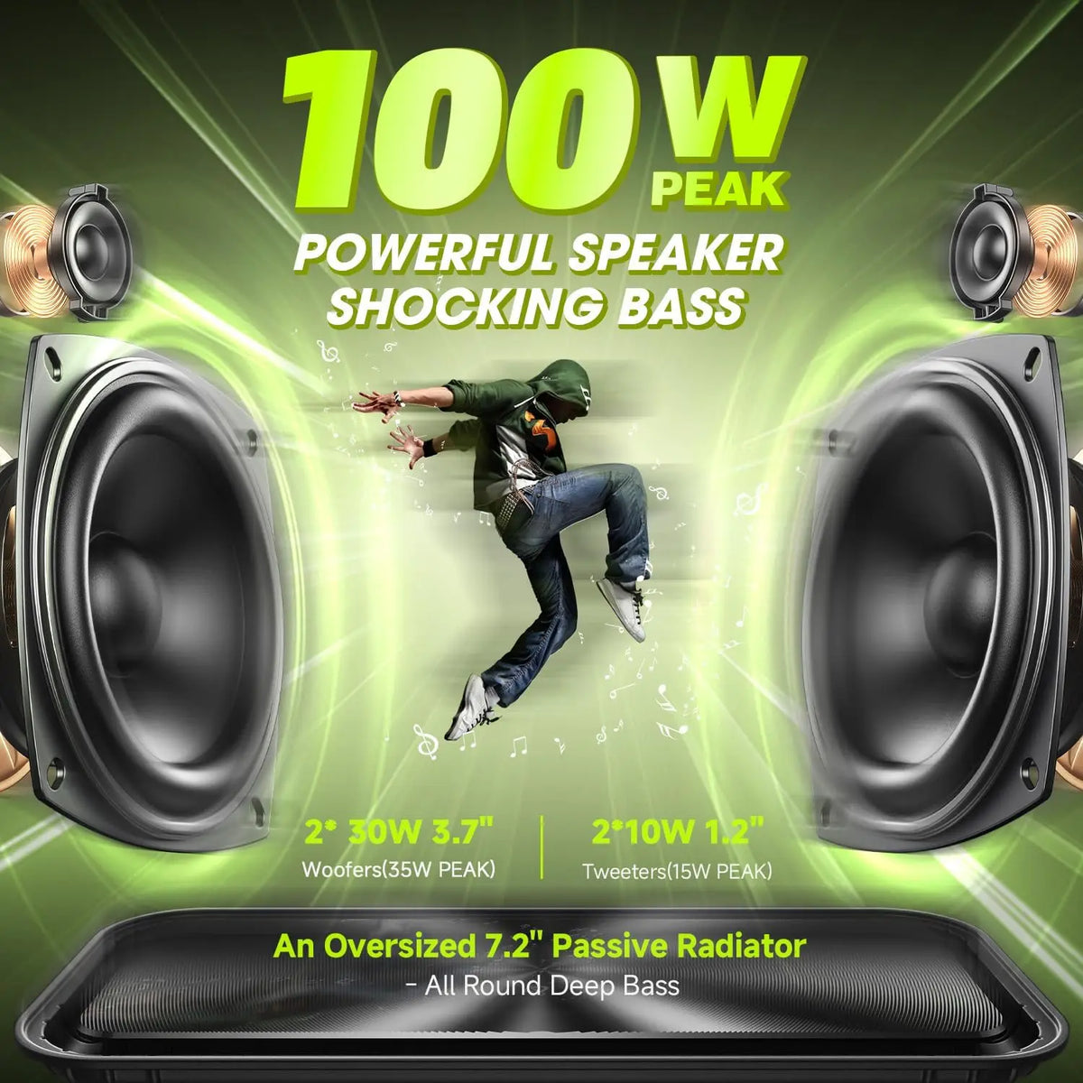 W-KING D9-1 Green Bluetooth Speaker, 100W Peak 60W HD IPX6 Portable Speaker Wireless Loud Waterproof Outdoor Party Large Boombox 2 Subwoofer/Ex-Large Passive Radiator-All Round Deep Bass/40H/PowerBank/TF/AUX/EQ