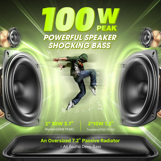 W-KING D9-1 Green Bluetooth Speaker, 100W Peak 60W HD IPX6 Portable Speaker Wireless Loud Waterproof Outdoor Party Large Boombox 2 Subwoofer/Ex-Large Passive Radiator-All Round Deep Bass/40H/PowerBank/TF/AUX/EQ