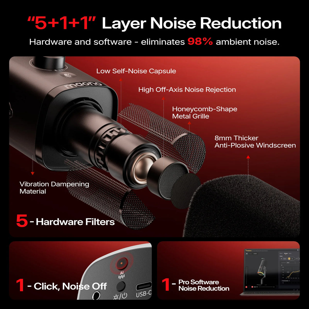 MAONO PD100W USB Wireless Dynamic Microphone Cardioid Mic 50m Range One-Touch Noise Reduction RGB for PC Gaming Live Streaming