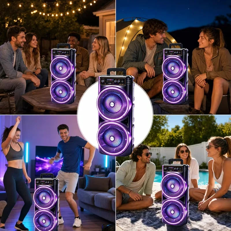 Professional‑Grade Portable Bluetooth Speaker, Dual‑Driver with Dynamic RGB LED Lights, TWS Wireless Stereo Interconnection, Supports Bluetooth, USB Drive, TF Card, Microphone and FM Radio, Compact Outdoor Speaker for Par