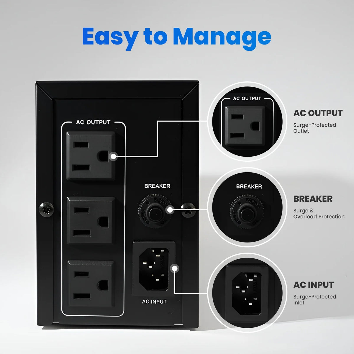 500VA 300W 120V Backup UPS Power Supply Battery Backup Power Outage Protection Sine Wave with 3 Outlets for Home and Office