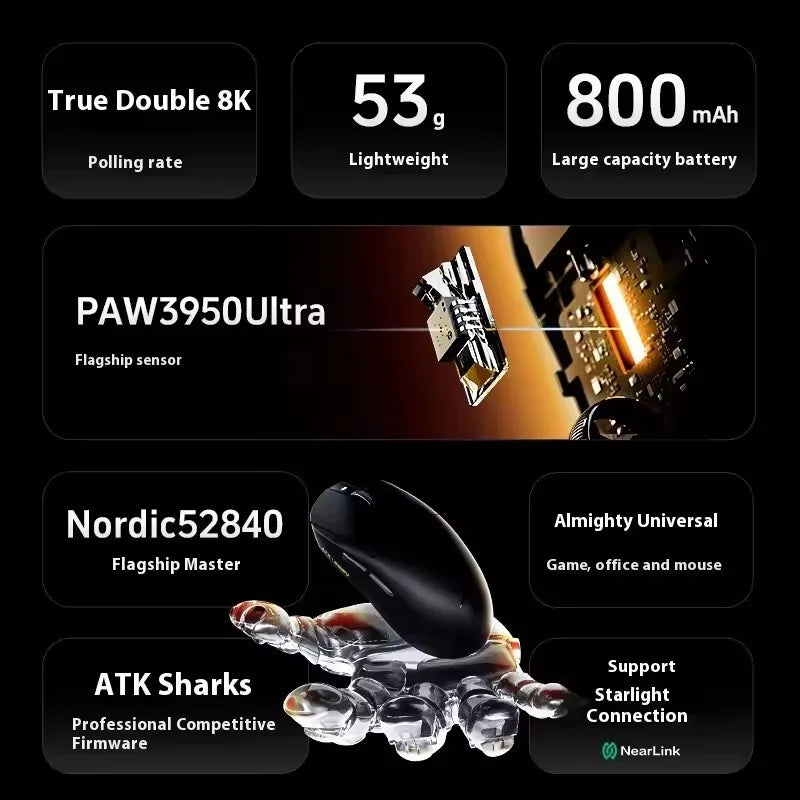 ATK Dragonfly A9 Pro Max Wireless Gaming Mouse PAW3395 Ultra Sensor 57g Lightweight 8K Polling Tri-Mode 2.4G/Bluetooth/Wired