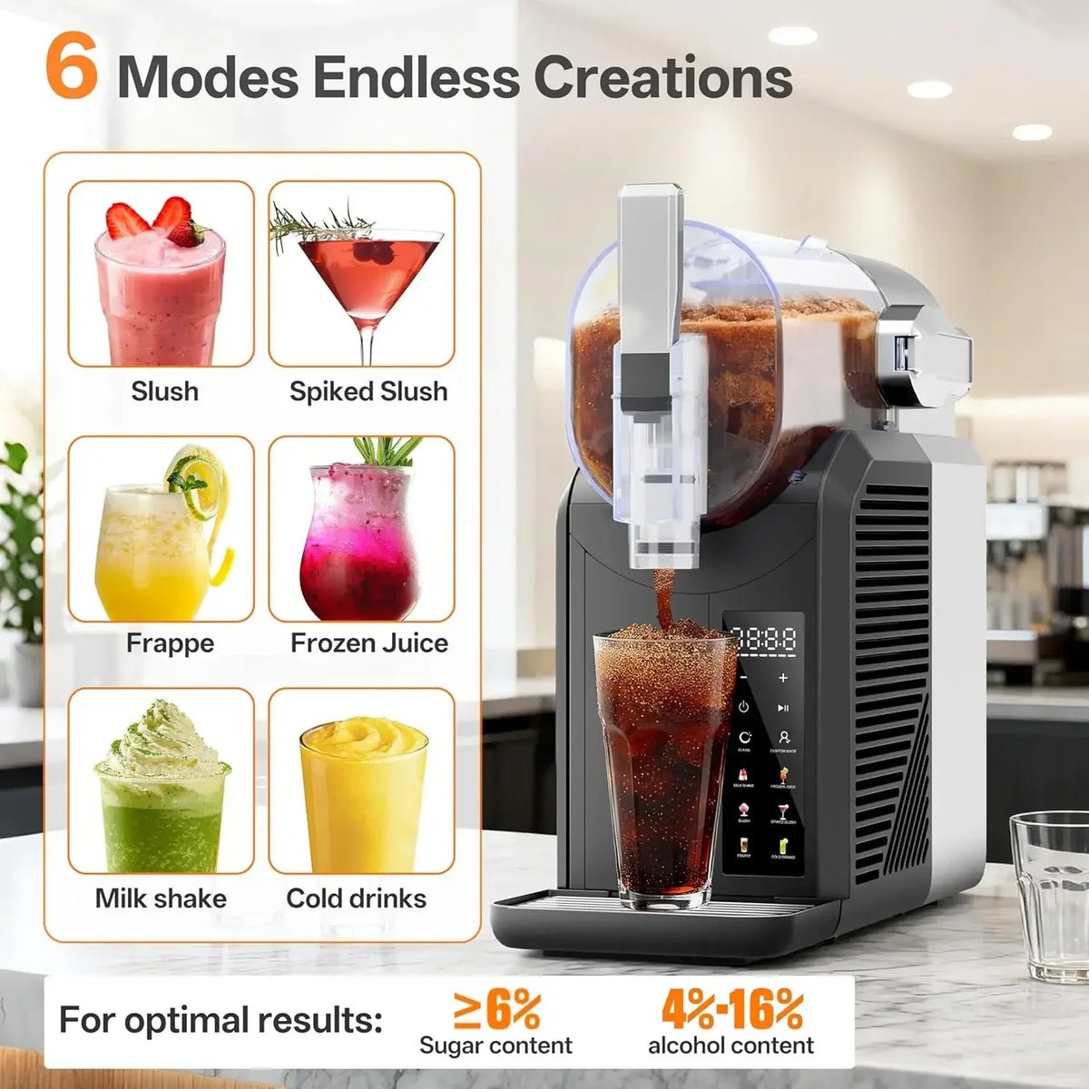 Slushie Machine, 2L/68oz Slushy Machine for Home & Party, 6 Presets Frozen Drink Maker with Self‑Cleaning & LED Display, No Ice