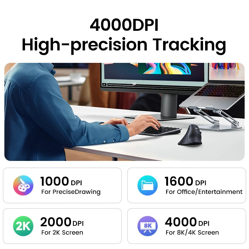 UGREEN MU008 Vertical Mouse Wireless Bluetooth5.0 2.4G Ergonomic 4000DPI 6 Mute Buttons MacBook Tablet Laptops Computer PC Mice