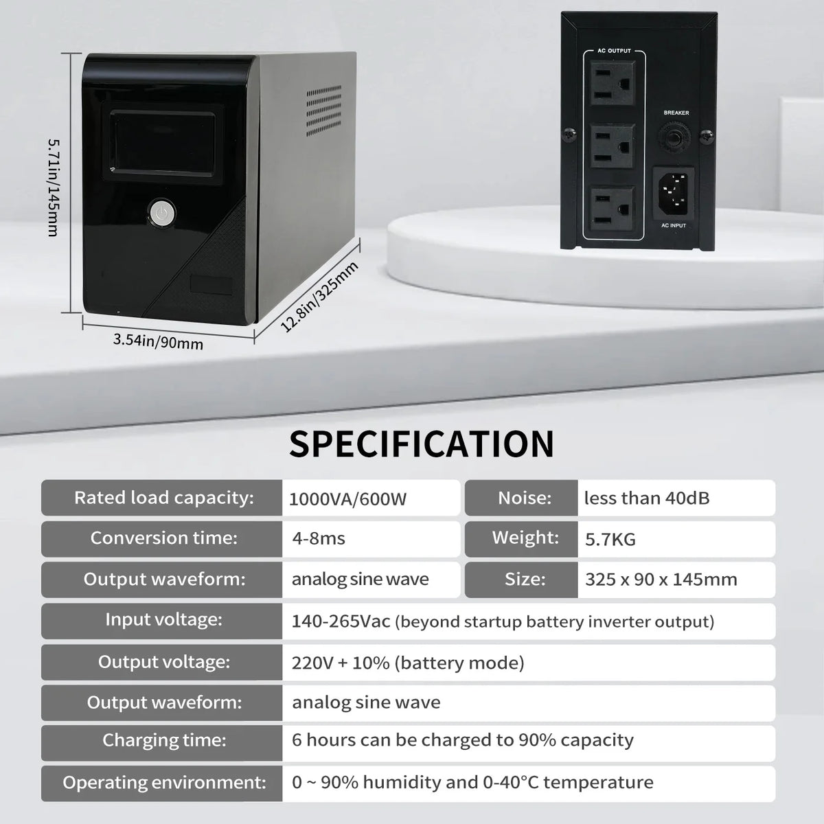 1000VA 120V Backup UPS Power Supply 600W Battery Backup Power 3 Outlets LCD Display for Home and Office