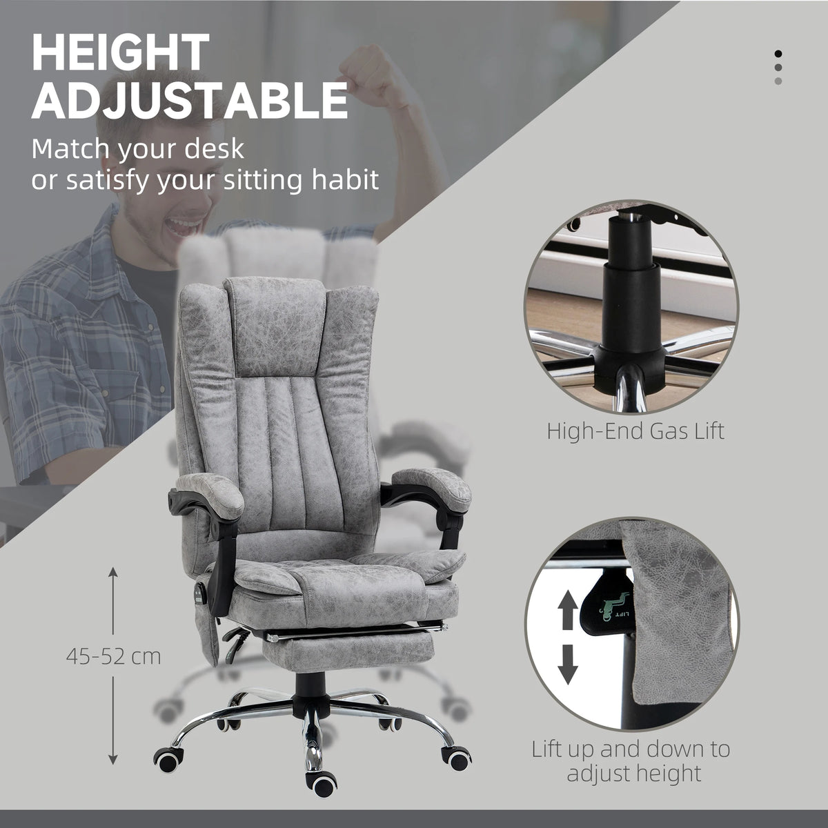 Vinsetto 6 Point Vibration Massage Office Chair, High Back Computer Chair with Heat, Adjustable Height, Reclining Backrest and Retractable Footrest, Gray