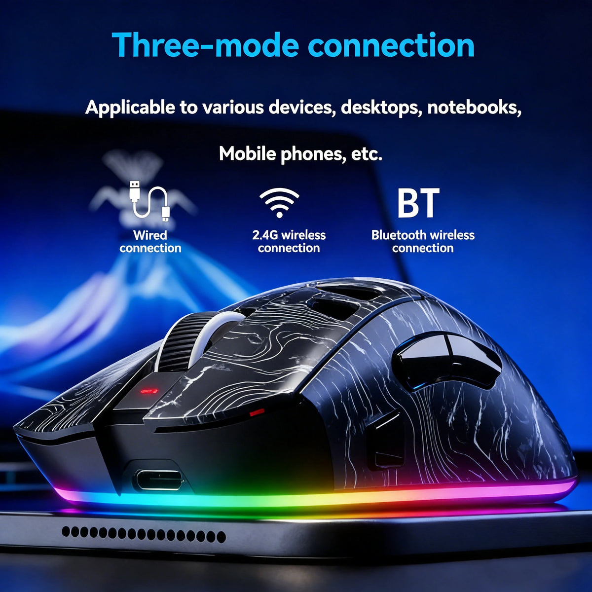 SC620 Wireless Gaming Mouse, 3-Mode Connection 2.4GHz/USB-C/Bluetooth 5.3, 12000 DPI, Programmable Macros,RGB,Quick Fire Button