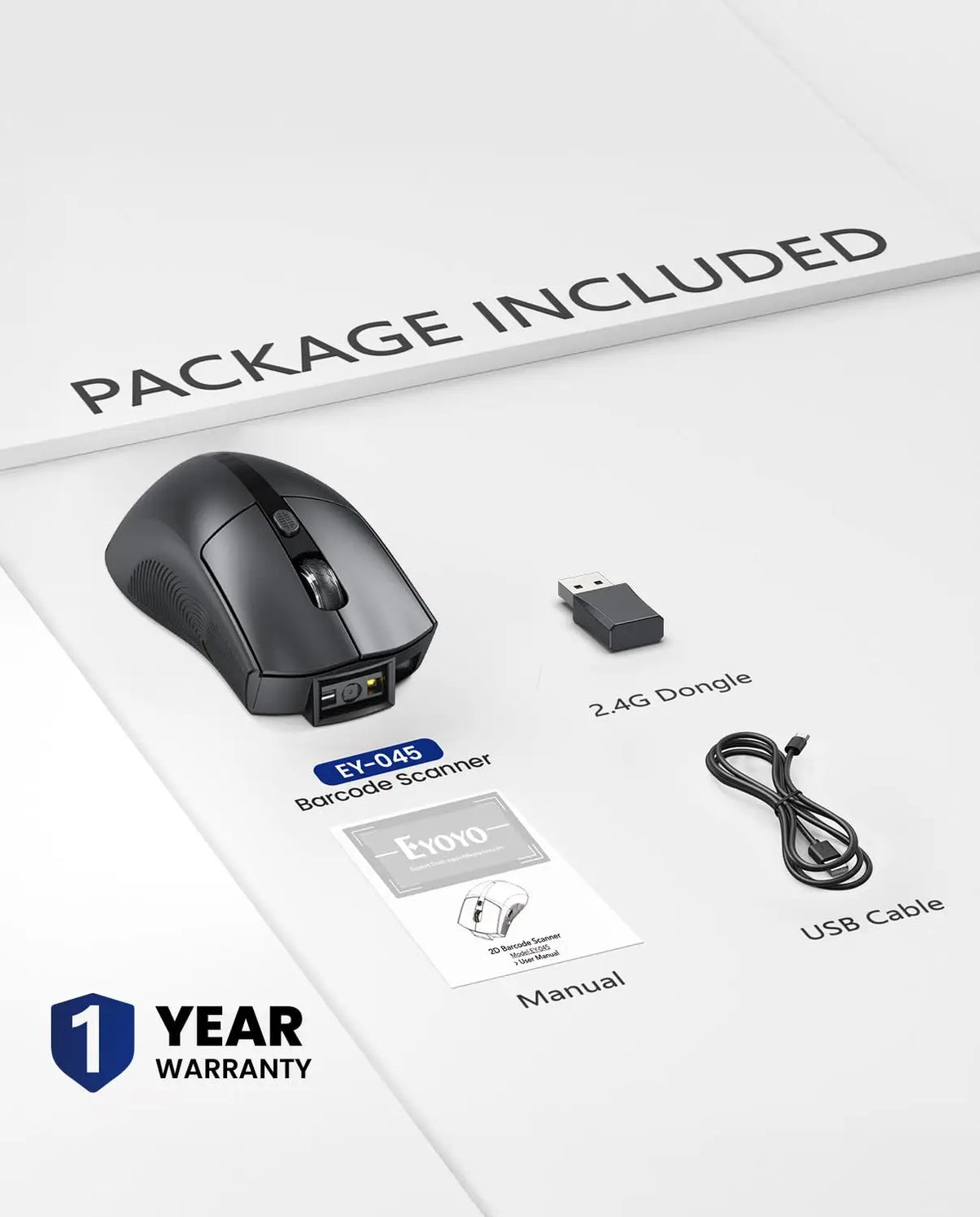 Eyoyo EY-045 New Style Wireless Mouse Bluetooth Barcode Scanner for POS System Laptop Portable 1D 2D Bar Codes Reader Office Mouse Combo with 1200mAh Battery Power Indicator