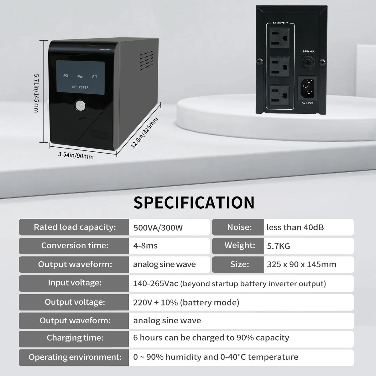 500VA 300W UPS Power Supply 120V Battery Backup Surge Protection with 3 Outlets for Home and Office Computer Anti Power Outage