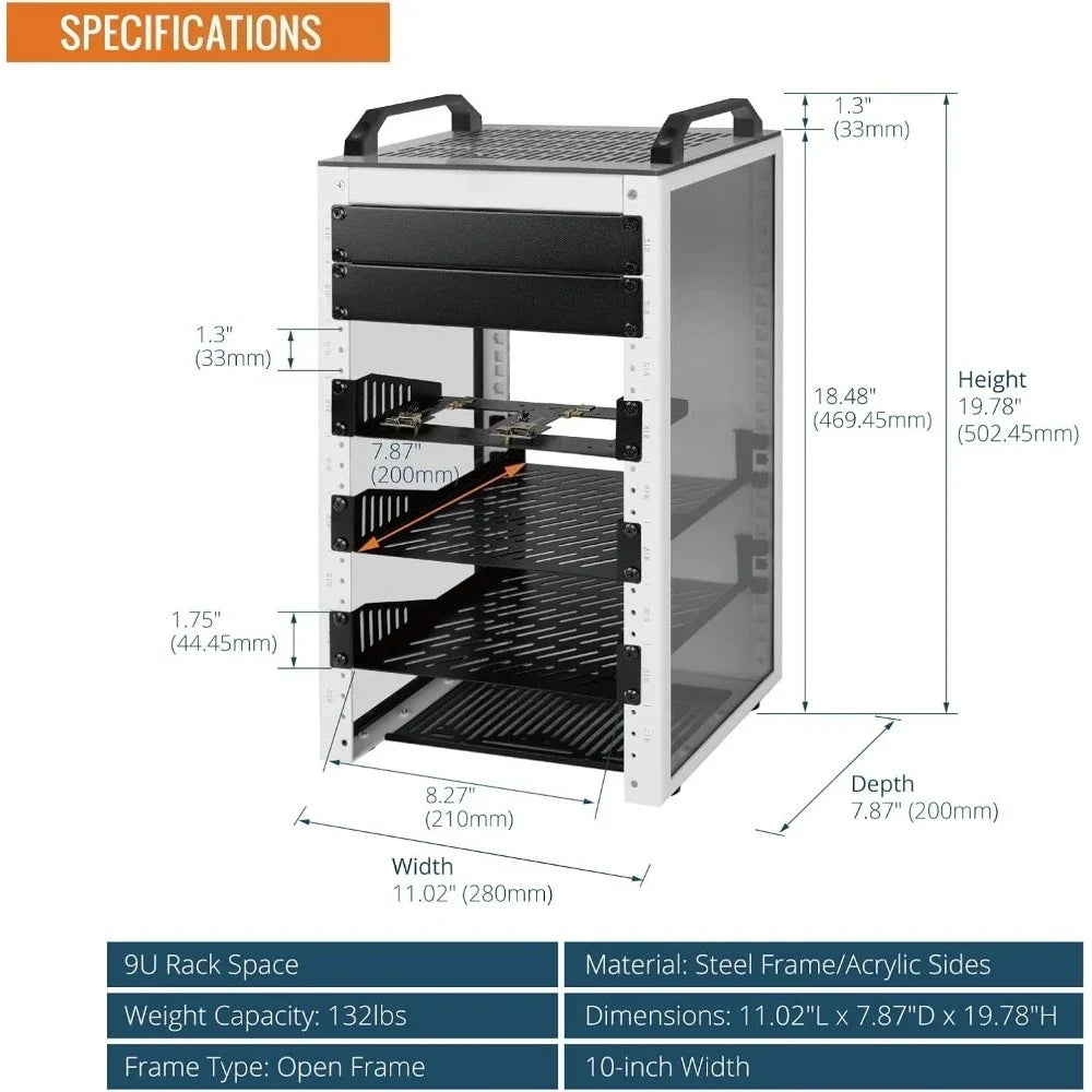 Popular Daily UseNew Upgrade Premium 10 Inch Deep 9U Network Server Rack with Translucent Side Panels and Top Handles for IT AV