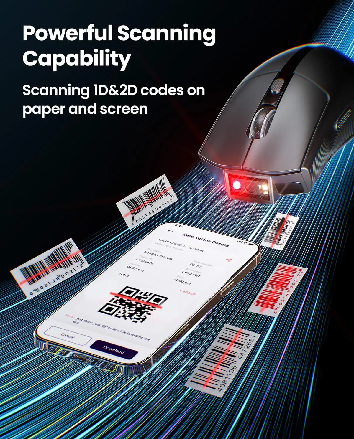 Eyoyo EY-045 New Style Wireless Mouse Bluetooth Barcode Scanner for POS System Laptop Portable 1D 2D Bar Codes Reader Office Mouse Combo with 1200mAh Battery Power Indicator