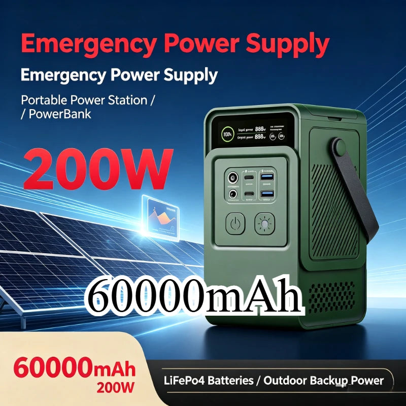 Upgrade Portable Power Station 200W 60000mAh LiFePo4 Battery Emergency Home Backup for Outdoor Camping Pure Sine Wave Power Bank
