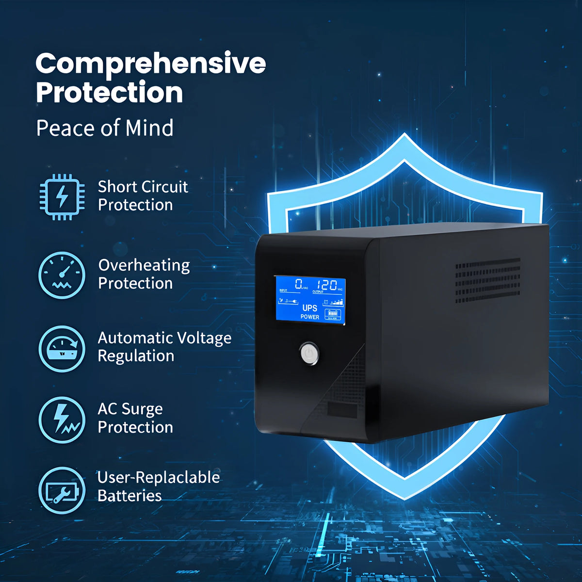 1000VA 120V Backup UPS Power Supply 600W Battery Backup Power 3 Outlets LCD Display for Home and Office