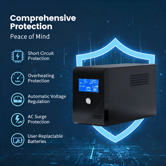 1000VA 120V Backup UPS Power Supply 600W Battery Backup Power 3 Outlets LCD Display for Home and Office