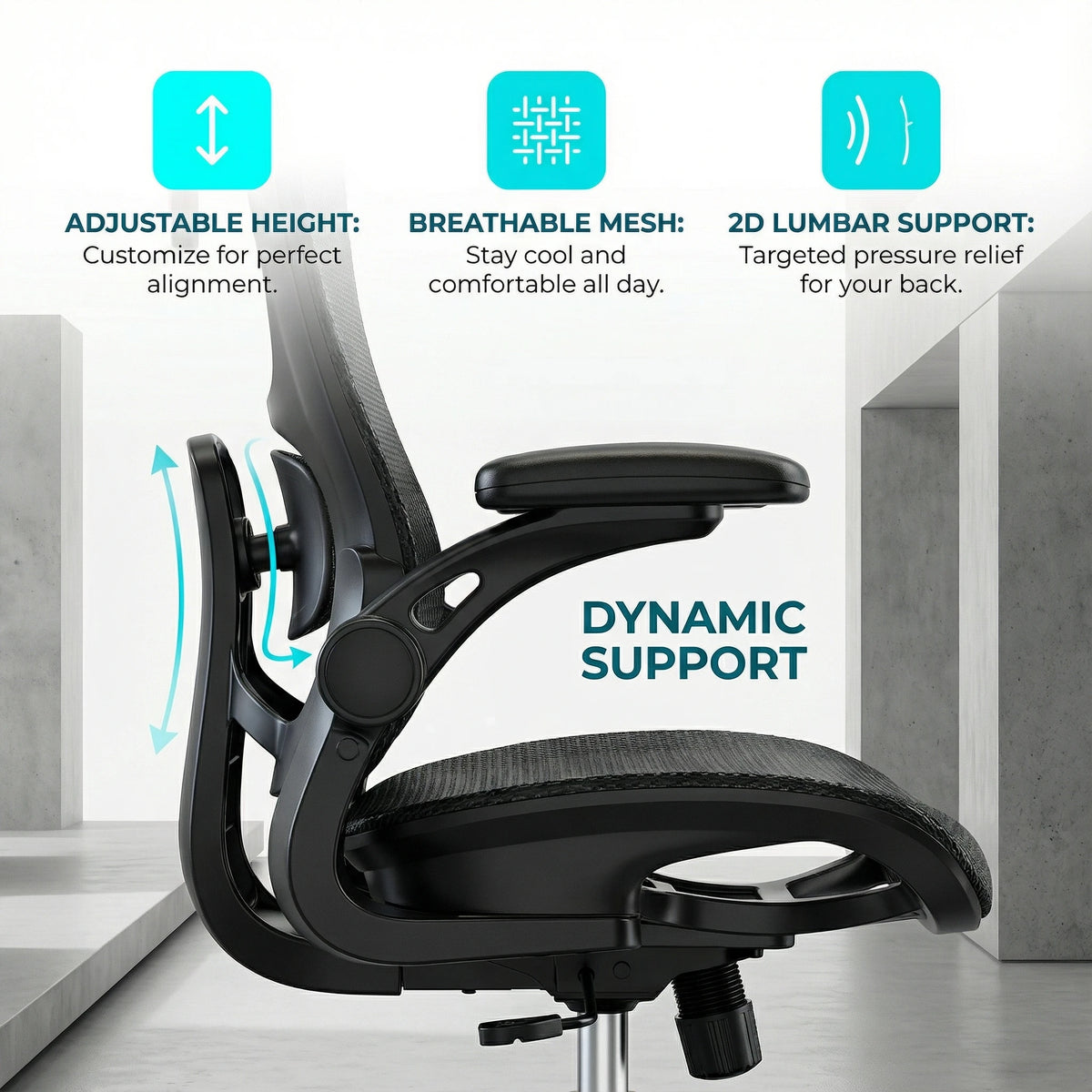 Ergonomic Mesh Office Chair with Adjustable Lumbar Support | 3D Flip-Up Armrests, 2D Headrest, Breathable Mesh Back, Reclining Function, Smooth-Rolling Casters, Height Adjustment