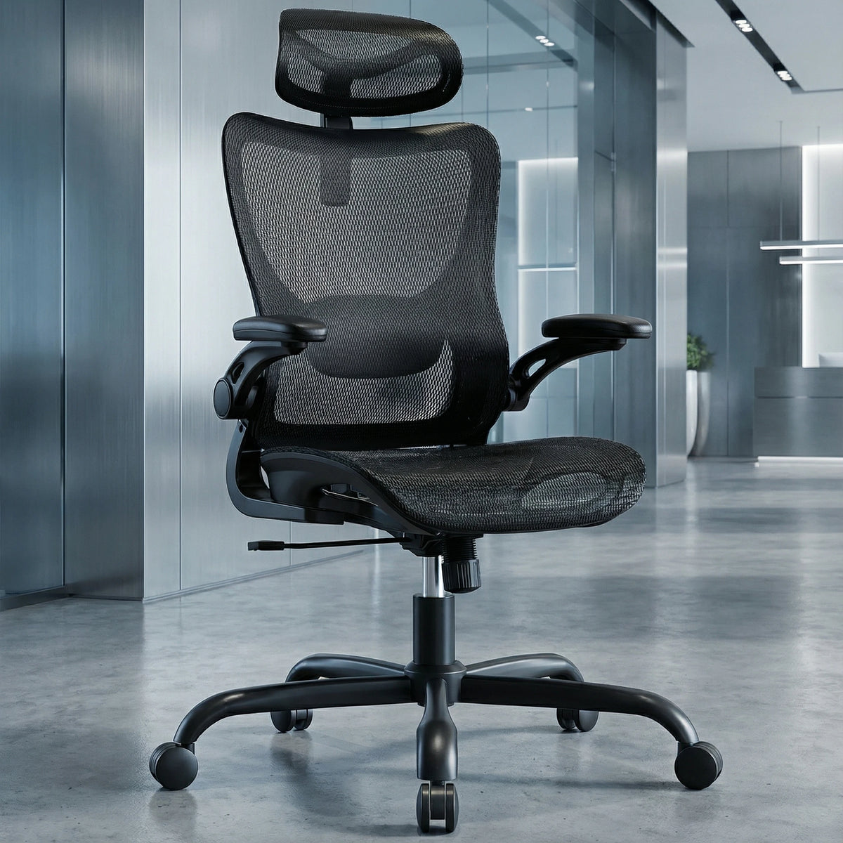 Ergonomic Mesh Office Chair with Adjustable Lumbar Support | 3D Flip-Up Armrests, 2D Headrest, Breathable Mesh Back, Reclining Function, Smooth-Rolling Casters, Height Adjustment