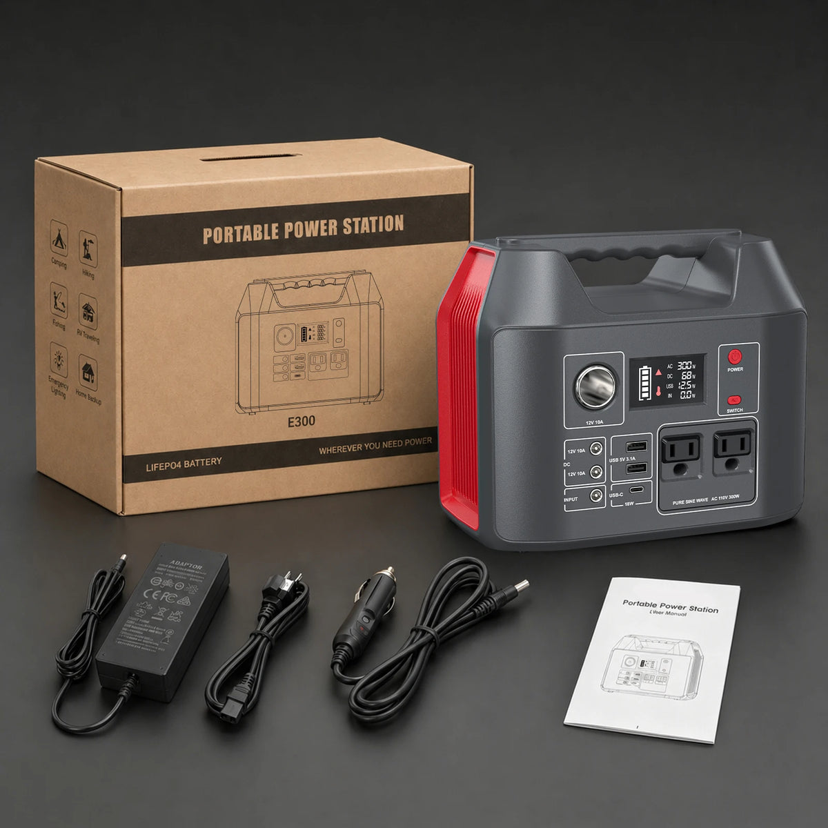 Portable Power Station 300W Solar Generator 256Wh 80000mAh Power Bank AC/DC/USB/USB C LiFePO4 Battery Pack For Camping CPAP