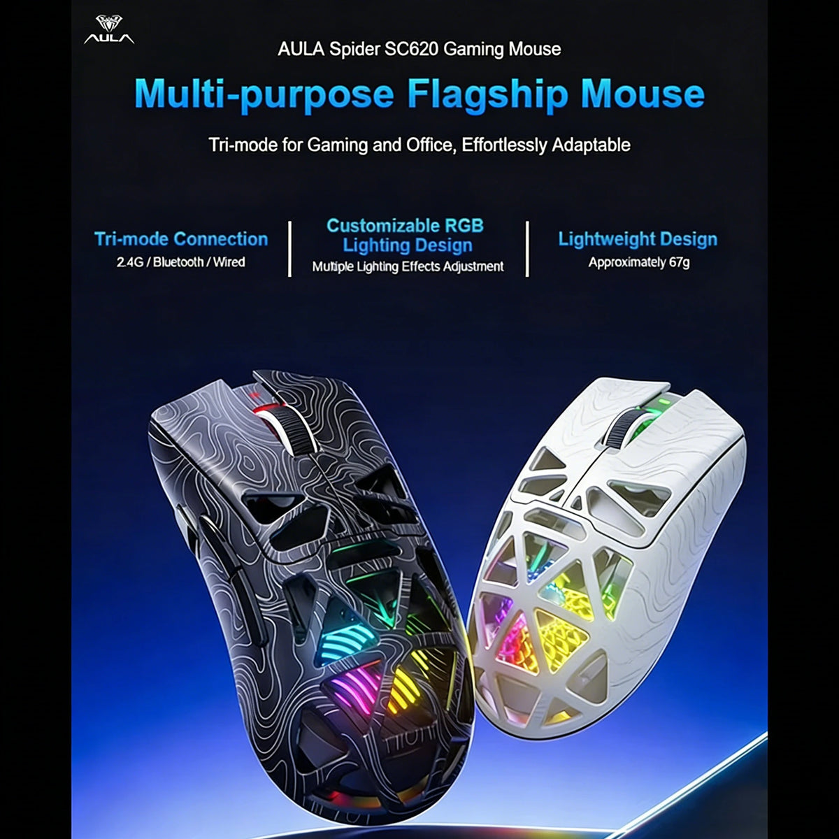 SC620 Wireless Gaming Mouse, 3-Mode Connection 2.4GHz/USB-C/Bluetooth 5.3, 12000 DPI, Programmable Macros,RGB,Quick Fire Button