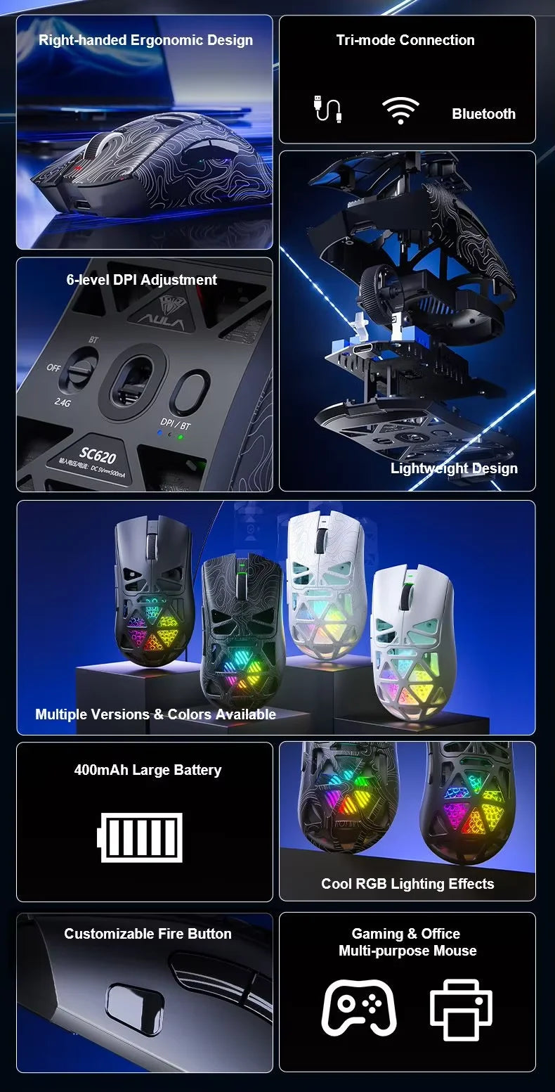 SC620 Wireless Gaming Mouse, 3-Mode Connection 2.4GHz/USB-C/Bluetooth 5.3, 12000 DPI, Programmable Macros,RGB,Quick Fire Button