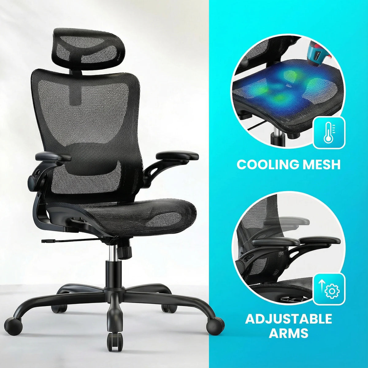 Ergonomic Mesh Office Chair with Adjustable Lumbar Support | 3D Flip-Up Armrests, 2D Headrest, Breathable Mesh Back, Reclining Function, Smooth-Rolling Casters, Height Adjustment