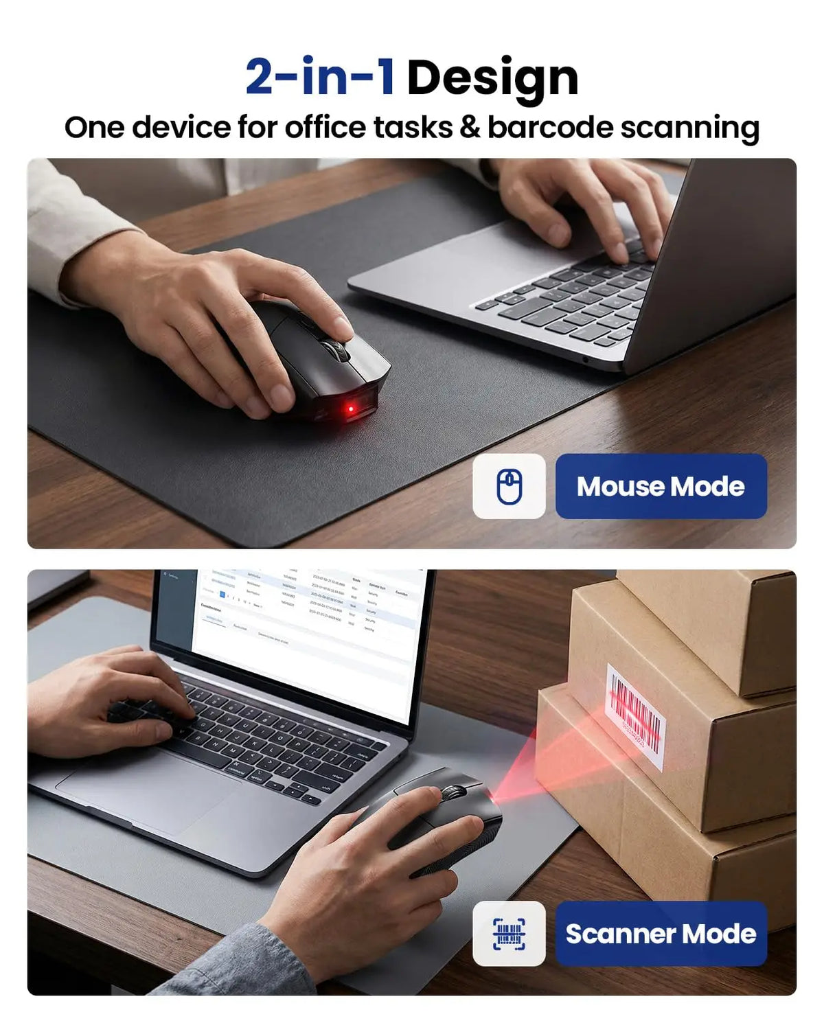 Eyoyo EY-045 New Style Wireless Mouse Bluetooth Barcode Scanner for POS System Laptop Portable 1D 2D Bar Codes Reader Office Mouse Combo with 1200mAh Battery Power Indicator