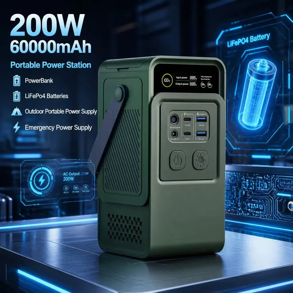 Upgrade Portable Power Station 200W 60000mAh LiFePo4 Battery Emergency Home Backup for Outdoor Camping Pure Sine Wave Power Bank