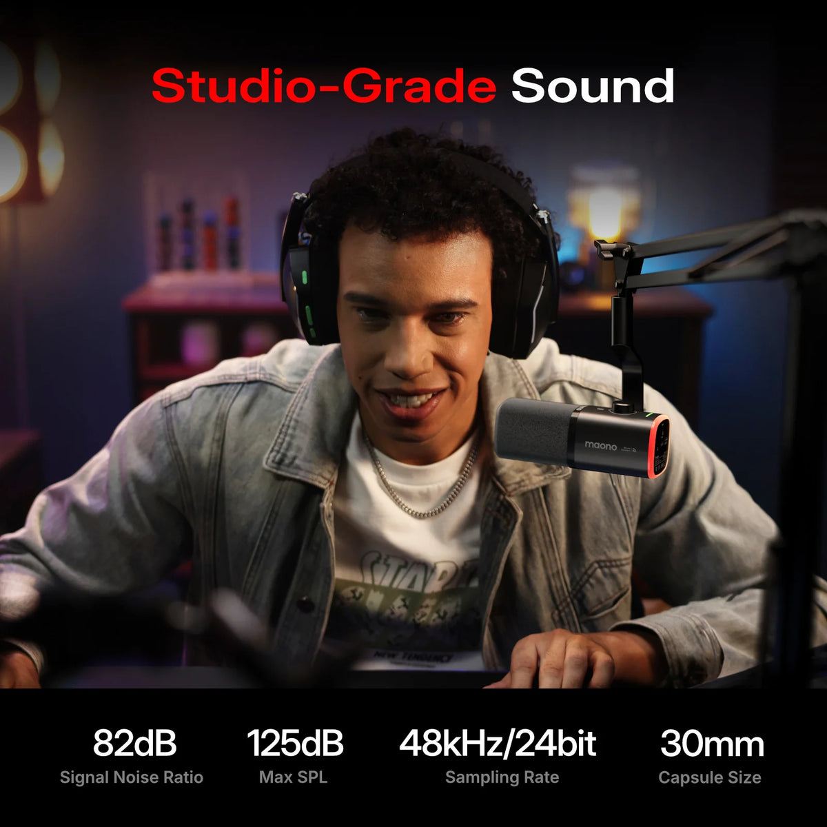MAONO PD100W Wireless USB Dynamic Microphone Cardioid Microphone with One-Touch Mute Noise Reduction Custom RGB Light  Real-Time Monitoring Microphone for PC Gaming Live Streaming Creator Podcast