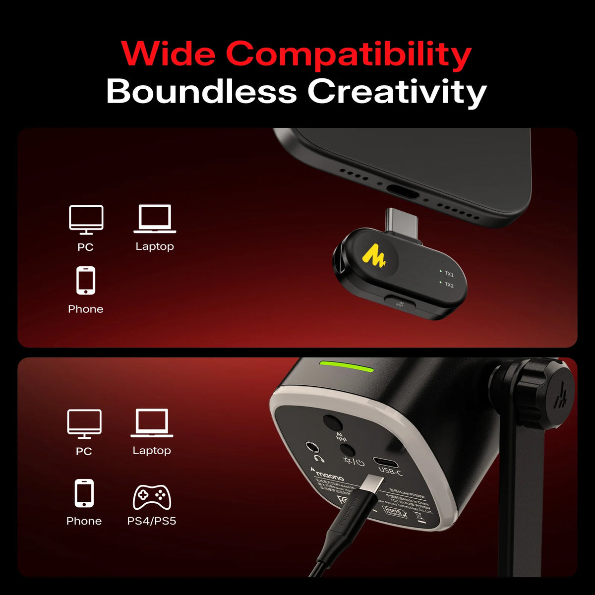 MAONO PD100W Wireless USB Dynamic Microphone Cardioid Microphone with One-Touch Mute Noise Reduction Custom RGB Light  Real-Time Monitoring Microphone for PC Gaming Live Streaming Creator Podcast